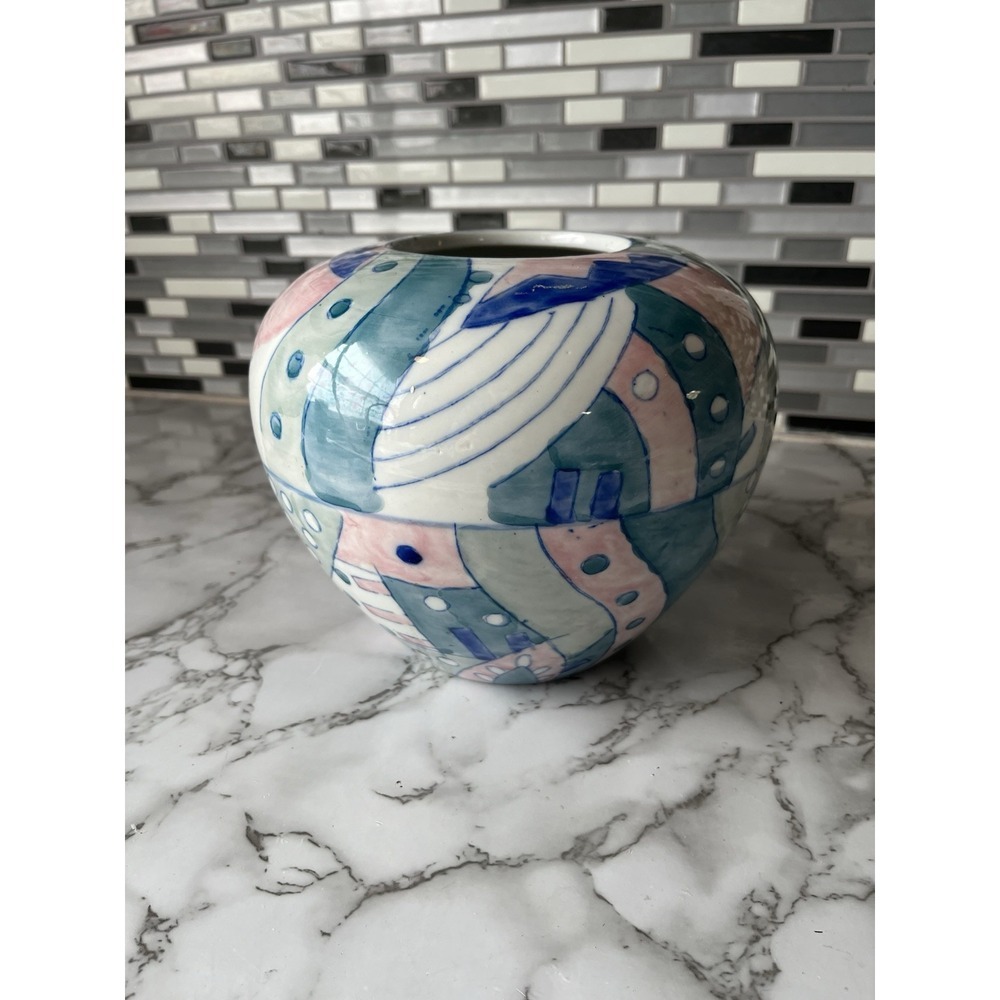 Vintage Chinese Pastel Vase Ginger Jar Geometric Design